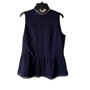 J Crew Women’s Jewel Embroidered Sleeveless Navy Blue Peplum Top Size XS